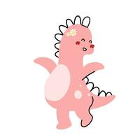 A cute pink dinosaur cartoon character flat vector illustration isolated on white background. Girly dino cute character for kids. Cute animal for kids T-shirt, scrapbook, pattern.