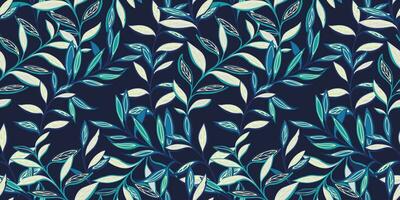 Abstract creative leaves stem intertwined in a seamless pattern. Modern stylized tropical botanical print. Dark blue leaf branches on a black background. Vector hand drawn sketch. Template for fabric