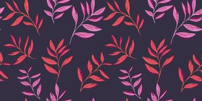 The trendy leaves stem, leaf pattern is scattered randomly on a dark back. Creative, artistic, colorful, tropical foliage seamless background. Vector hand drawn sketch. Design for fashion, fabric