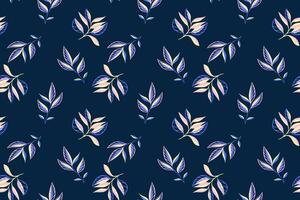 Seamless creative tiny abstract branches leaves pattern. Vector hand drawn.  Retro stems leaf on a dark blue background. Template for textile, fashion, fabric, wallpaper