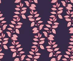 Artistic creative branches leaves intertwined in a seamless pattern on a dark purple background. Vector hand drawn sketch. Abstract, elegant, colorful leaf stems print. Design for fashion, fabric