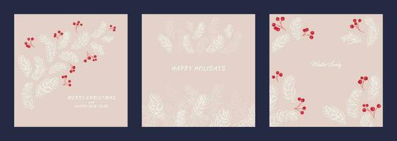 Set holiday cards. Template with Christmas branches. Vector  illustration with hand drawn  floral design. Merry Christmas and Happy New Year card. Print illustration, invitation, greeting cards.