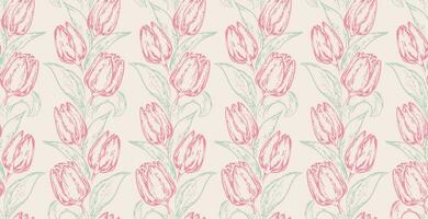 Vector hand drawn sketch silhouettes flowers tulips seamless pattern. Botanical illustration. Simple light floral print. Template for design, textile, fashion, surface design, fabric, wallpaper