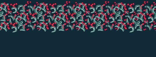 Horizontal Christmas, Holiday border with copy space. Vector hand drawn stylized branches and red berries. Suitable for email header, post in social networks, advertising, events and page cover