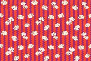 Trendy vibrant seamless pattern with abstract flat flowers and red purple line wave. Vector hand drawn sketch doodle. Simple, retro background with weave striped. Design for fashion, fabric,