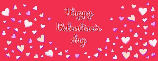 Bright red banner happy Valentines day.  Background with set vector creative cute simple hearts. Horizontal  border with copy space. Suitable for email header, post in social networks, advertising,