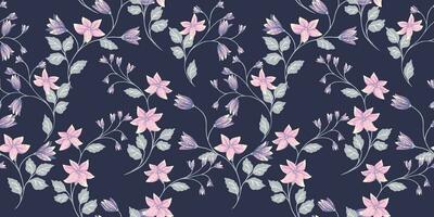 Elegant gently retro branches with flowers bells seamless pattern. Vector hand drawn. Artistic, abstract pink branches floral and leaves, buds on a dark blue back print. Design for fashion, fabric