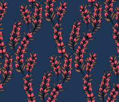 ector hand drawing creative simple branches leaves and tiny flowers buds seamless pattern. Abstract, artistic, gently bright floral on a blue background print. Template for design, fashion, fabric vector