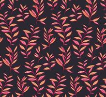 Seamless pattern with abstract, creative, colorful leaves stem.  Burgundy foliage, leaf branches on a black background. Vector hand drawn sketch. Design for fabric, fashion, wallpaper, print