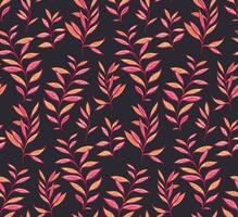 Seamless pattern with abstract, creative, colorful leaves stem.  Burgundy foliage, leaf branches on a black background. Vector hand drawn sketch. Design for fabric, fashion, wallpaper, print