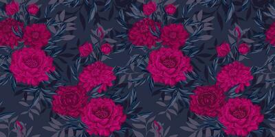 Blooming, artistic, feminine, rich floral pattern with peonies, dahlia on a black background. Vector hand drawn. Seamless burgundy flowers and branches leaves print. Design for fashion, fabric