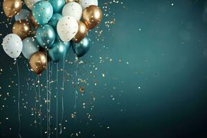 AI generated Festive greeting background with turquoise and gold balloons on a turquoise background with confetti. Generated by artificial intelligence photo