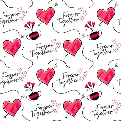 Doodle background with hearts and text. Valentine day Love seamless vector pattern. Hand drawn flowers.