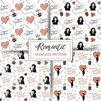 Set of seamless doodle patterns with hearts, text, girls. Valentine's day elements in trendy color. Vector love backgrounds.