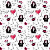 Doodle background with romantic girl and hearts. Valentine day seamless vector pattern. Hand drawn love elements.