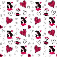 Doodle background with romantic girl and hearts. Valentine day seamless vector pattern. Hand drawn love elements.