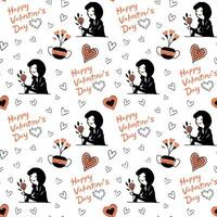 Doodle background with romantic girl and text. Valentine day seamless vector pattern in trendy color. Hand drawn