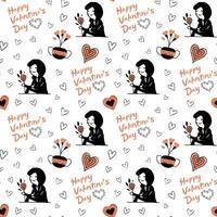 Doodle background with romantic girl and text. Valentine day seamless vector pattern in trendy color. Hand drawn