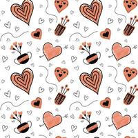 Doodle background flowers and hearts in trendy color. Valentine day seamless vector pattern. Hand drawn elements.