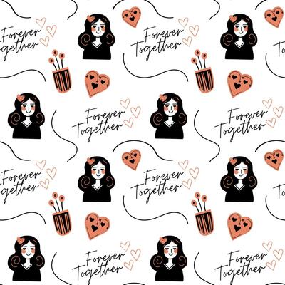 Doodle background with girls and text. Valentine day Love seamless vector pattern in trendy color. Hand drawn flowers.