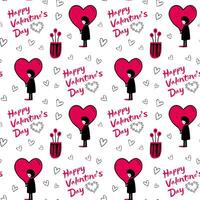 Doodle background with girls and text. Valentine day Love seamless vector pattern. Hand drawn flowers.