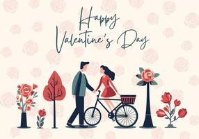 Vector poster with romantic couple and roses. Valentine's day concept frame in flat style. Love banner or greeting card