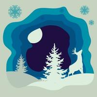 Background design with winter paper cut composition with deer and pine trees vector