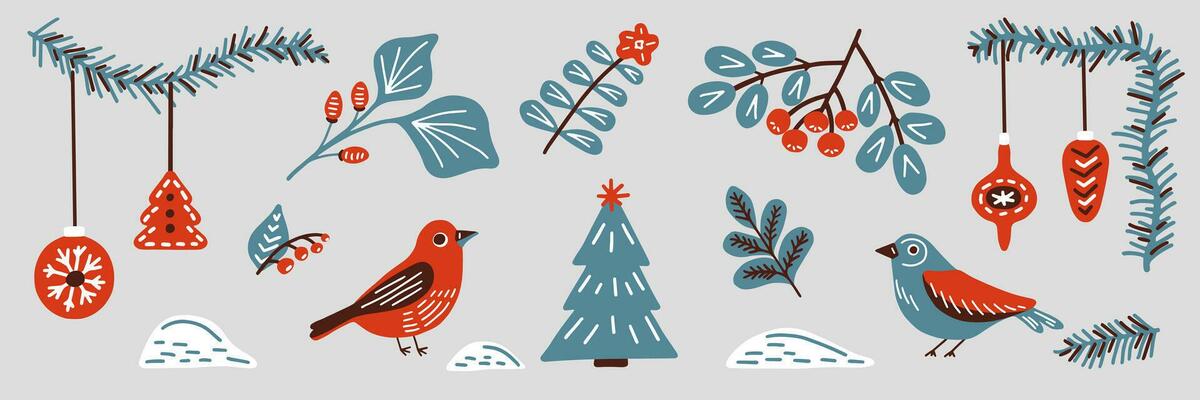 Winter floral and bird in Scandinavian simple retro style. Vintage hand drawn cartoon clipart - branch, berry, toy, decoration for Christmas card, poster, flyer, print and pattern. Vector