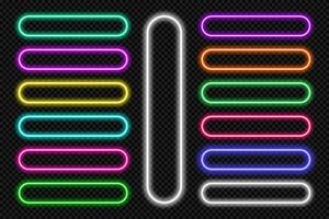 Neon button frames pill set. Glowing coloful rounded rectangle border. Geometric shape action UI elements with copy space. Purple, blue, pink, yellow, green, red color text boxes. Vector illustration.