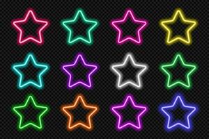 Neon star icon set. Glowing coloful superstar celebrity button. Geometric shape action UI elements with copy space. Purple, blue, pink, yellow, green, red color text box. Vector illustration.