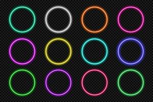 Neon frame button circle set. Glowing coloful round border. Geometric shape action UI elements with copy space. Purple, blue, pink, yellow, green, red text boxes. Vector illustration.