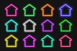 Neon house icon set. Glowing colorful home frame borders. Building shape action button UI elements with copy space. Purple, blue, pink, yellow, green, red text boxes. Vector illustration.