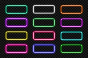 Neon frame button rectangle set. Glowing colorful rectangular border. Geometric shape action UI elements with copy space. Purple, blue, pink, yellow, green, red text boxes. Vector illustration.