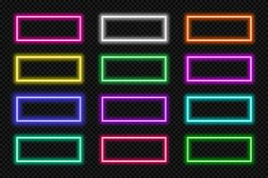 Neon frame button rectangle set. Glowing colorful rectangular border. Geometric shape action UI elements with copy space. Purple, blue, pink, yellow, green, red text boxes. Vector illustration.