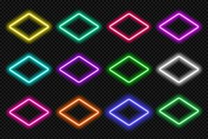 Neon frame rhombus set. Glowing colorful rounded diamond borders. Geometric shape action button UI elements with copy space. Purple, blue, pink, yellow, green, red text boxes. Vector illustration