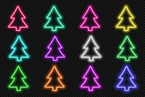 Neon fir tree icon set. Glowing coloful Christmas frames. Holiday rainbow colors shape action UI elements with copy space. Purple, blue, pink, yellow, green, red color text box. Vector illustration.