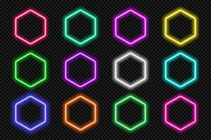 Neon hexagon frame set. Glowing colorful hexagonal borders. Geometric shape action button UI elements with copy space. Purple, blue, pink, yellow, green, red text boxes. Vector illustration