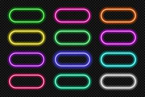 Neon button frames pill set. Glowing coloful rounded rectangle border. Geometric shape action UI elements with copy space. Purple, blue, pink, yellow, green, red color text boxes. Vector illustration.