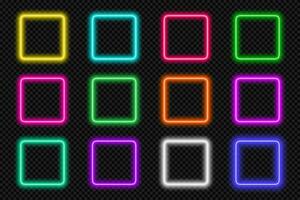 Neon frame square set. Glowing coloful rounded rectangle borders. Geometric shape action button UI elements with copy space. Purple, blue, pink, yellow, green, red text boxes. Vector illustration.