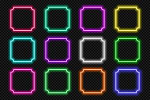 Neon square frame set. Glowing coloful rounded corners border. Vintage shape action button UI elements with copy space. Purple, blue, pink, yellow, green, red text boxes. Vector illustration.