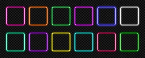 Neon frame square set. Glowing coloful rounded rectangle borders. Geometric shape action button UI elements with copy space. Purple, blue, pink, yellow, green, red text boxes. Vector illustration.