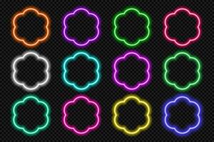 Neon round scallop border frames set. Glowing coloful flower button. Geometric shape action UI elements with copy space. Purple, blue, pink, yellow, green, red color text box. Vector illustration.