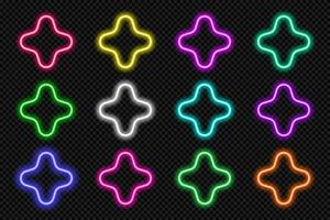 Neon star icon set. Glowing coloful superstar celebrity button. Geometric shape action UI elements with copy space. Purple, blue, pink, yellow, green, red color text box. Vector illustration.