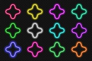 Neon star icon set. Glowing coloful superstar celebrity button. Geometric shape action UI elements with copy space. Purple, blue, pink, yellow, green, red color text box. Vector illustration.