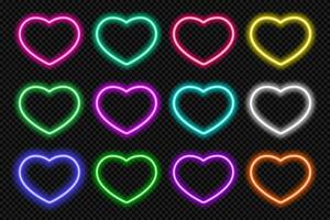 Neon heart icon set. Glowing coloful Valentine hearts shape border. Geometric shape action UI elements with copy space. Purple, blue, pink, yellow, green, red color text box. Vector illustration.