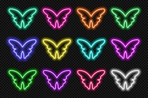 Neon butterfly border icon set. Glowing coloful frames button. Spring rainbow colors shape action UI elements. Purple, blue, pink, yellow, green, red color text box. Vector illustration.