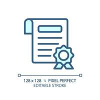 2d píxel Perfecto editable azul certificado icono, aislado vector, Delgado línea documento ilustración. vector