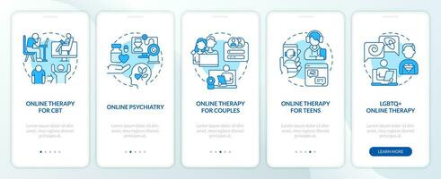 2D icons representing online therapy mobile app screen set. Walkthrough 5 steps blue graphic instructions with thin line icons concept, UI, UX, GUI template. vector