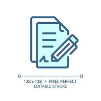 2D pixel perfect editable blue contract icon, isolated vector, thin line document illustration. vector