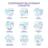 2D gradient icons collection representing codependent relationship concept, isolated vector, thin line blue illustration. vector